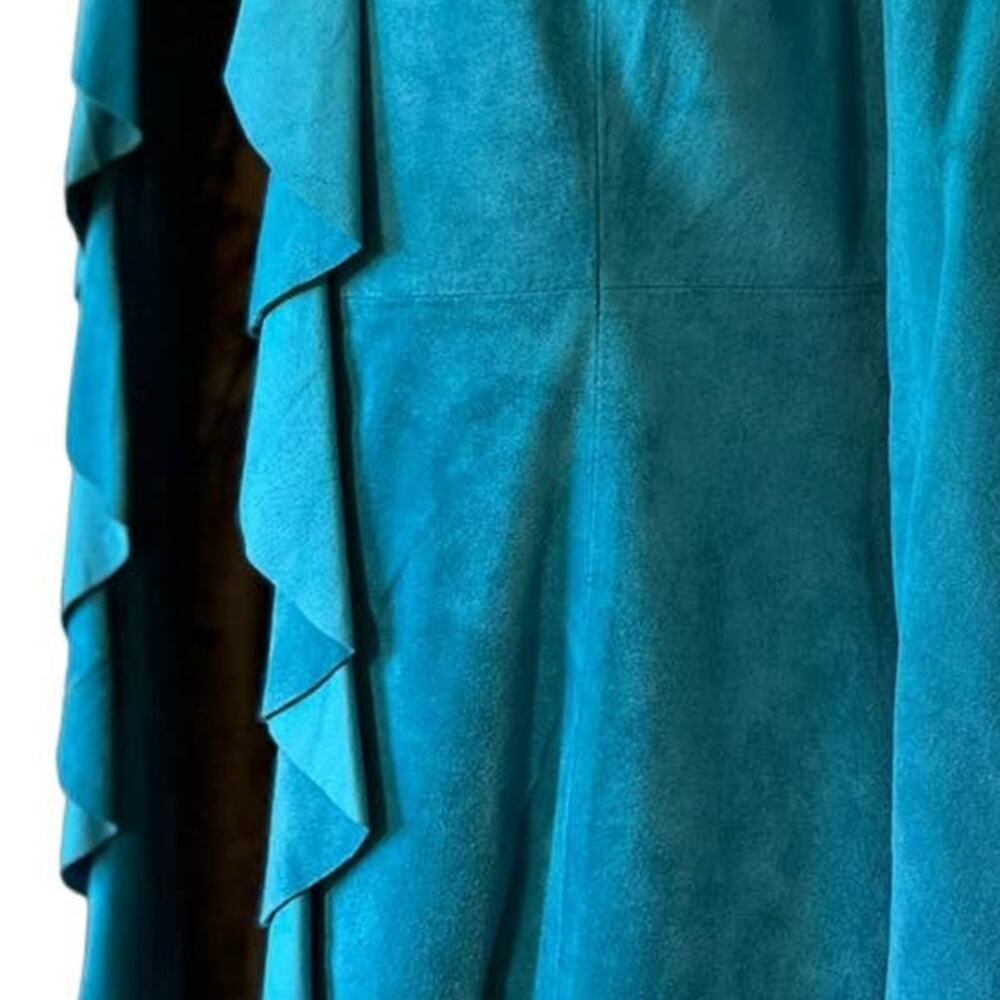 Vintage 90s Scully Turquoise Blue Ruffle Suede Leather Long Jacket size XS Tiger - Picture 8 of 9